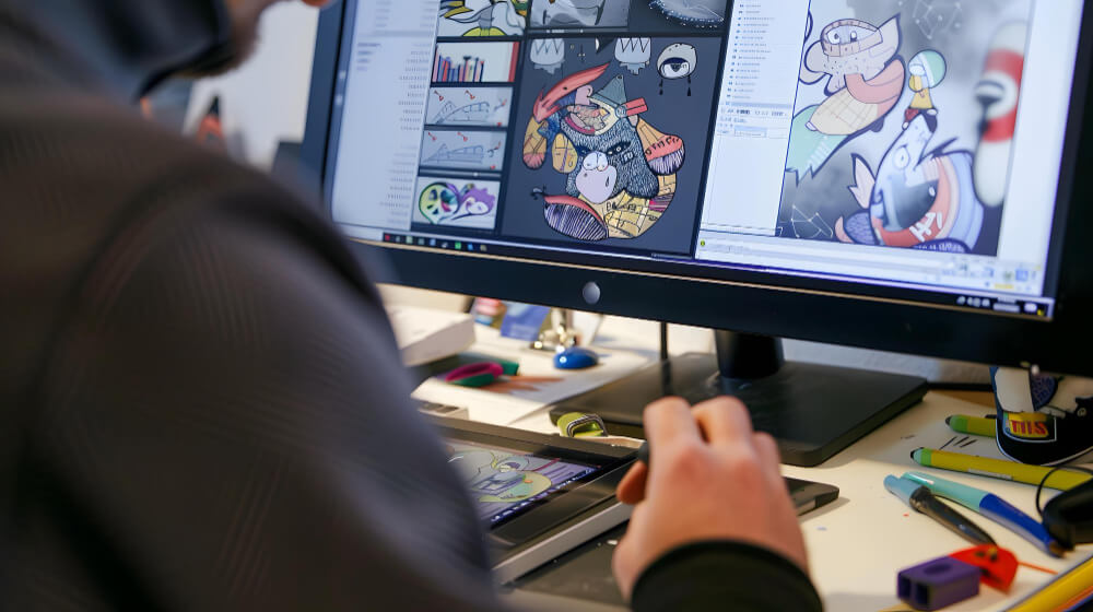 Designer realizando uma peça de arte através do seu computador.