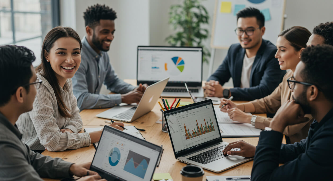 Time reunido para analisar os resultados em marketing digital dos clientes.