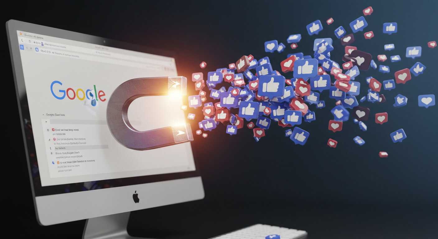 imã atraindo likes de uma uma rede social.