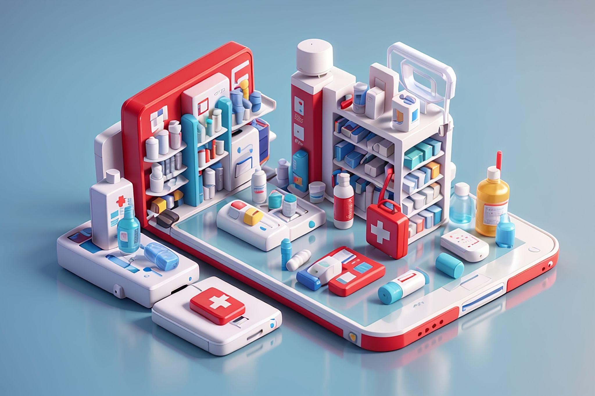 imagem de uma mini farmácia sobre um celular, representando as transformações digitais no setor farmacêutico