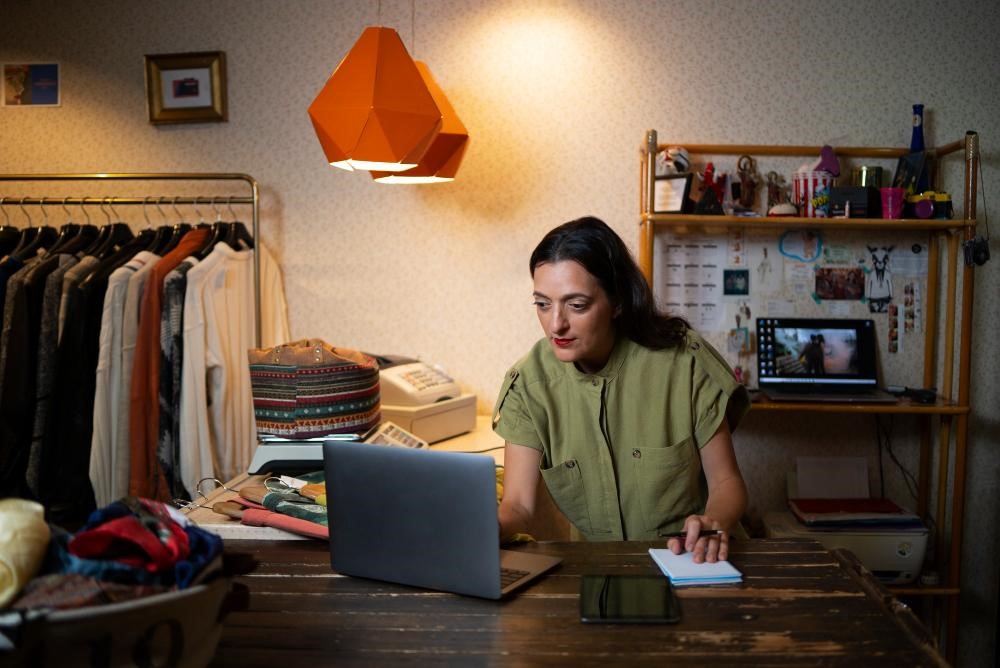 Mulher trabalhando em um ambiente de e-commerce, utilizando um laptop para gerenciar vendas online. A imagem ilustra a importância de estratégias eficazes para vender no seu e-commerce.