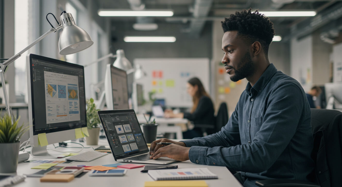 Designer trabalhando no layout para deixar o site do cliente mais responsivél.