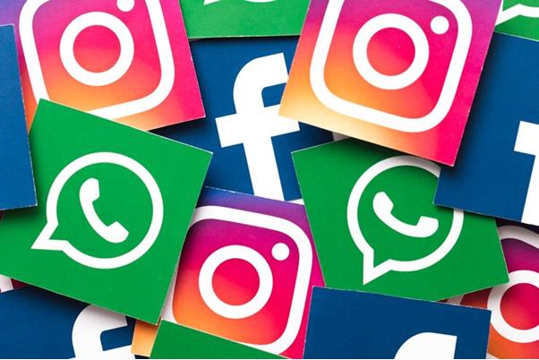 Ícones das redes sociais do Meta, Facebook, WhatsApp e Instagram.