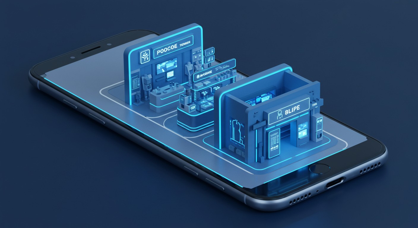Um celular projetando uma loja em 3D em sua tela.