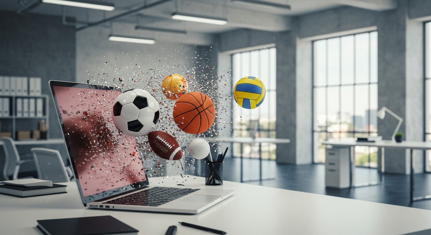 Bolas de diversos esportes saindo da tela de um notebook em um escritório.