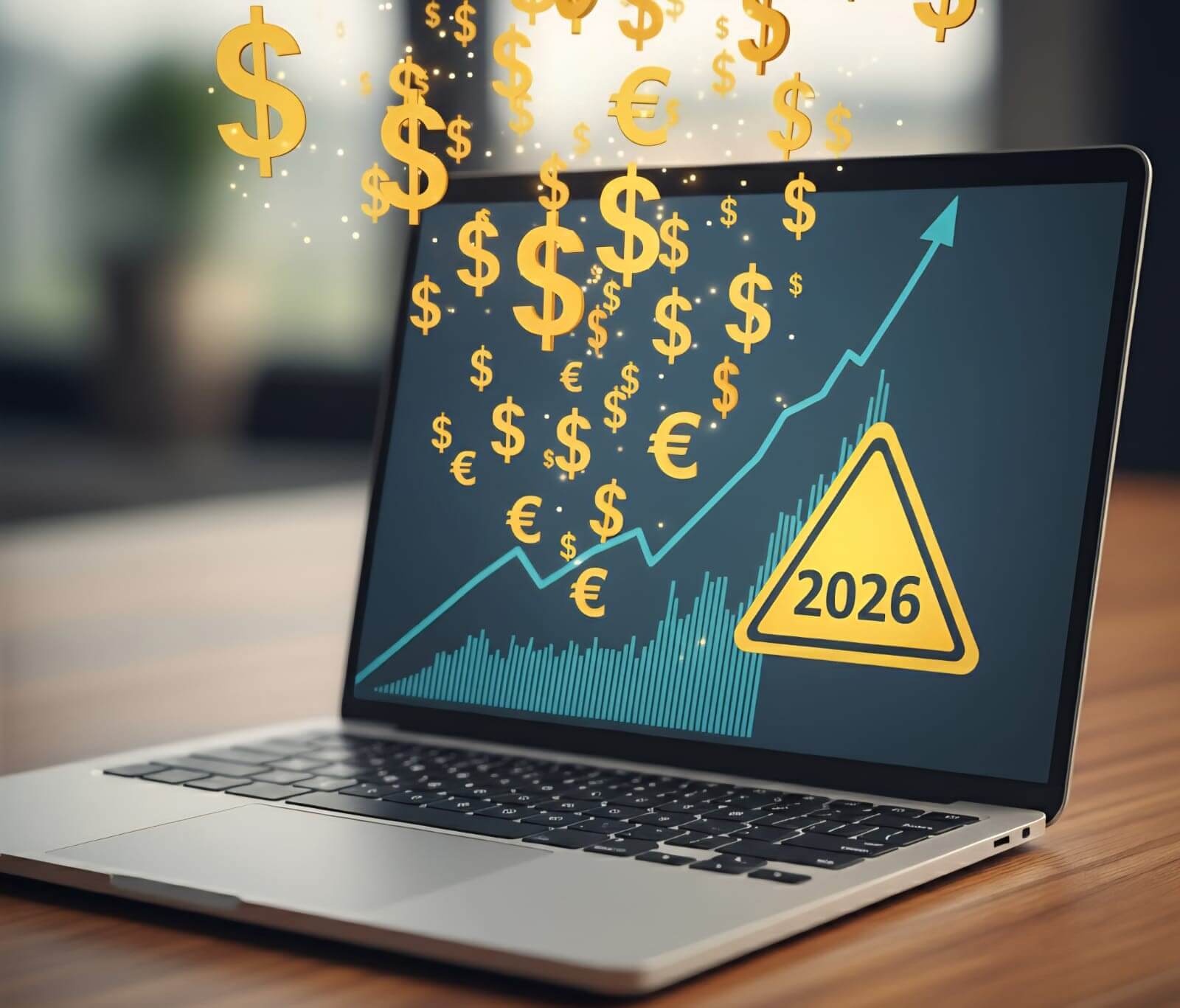Notebook aberto demonstrando um gráfico subindo em relação ao valor de custos ao lado um sinal de alerta informando o ano de 2026.
