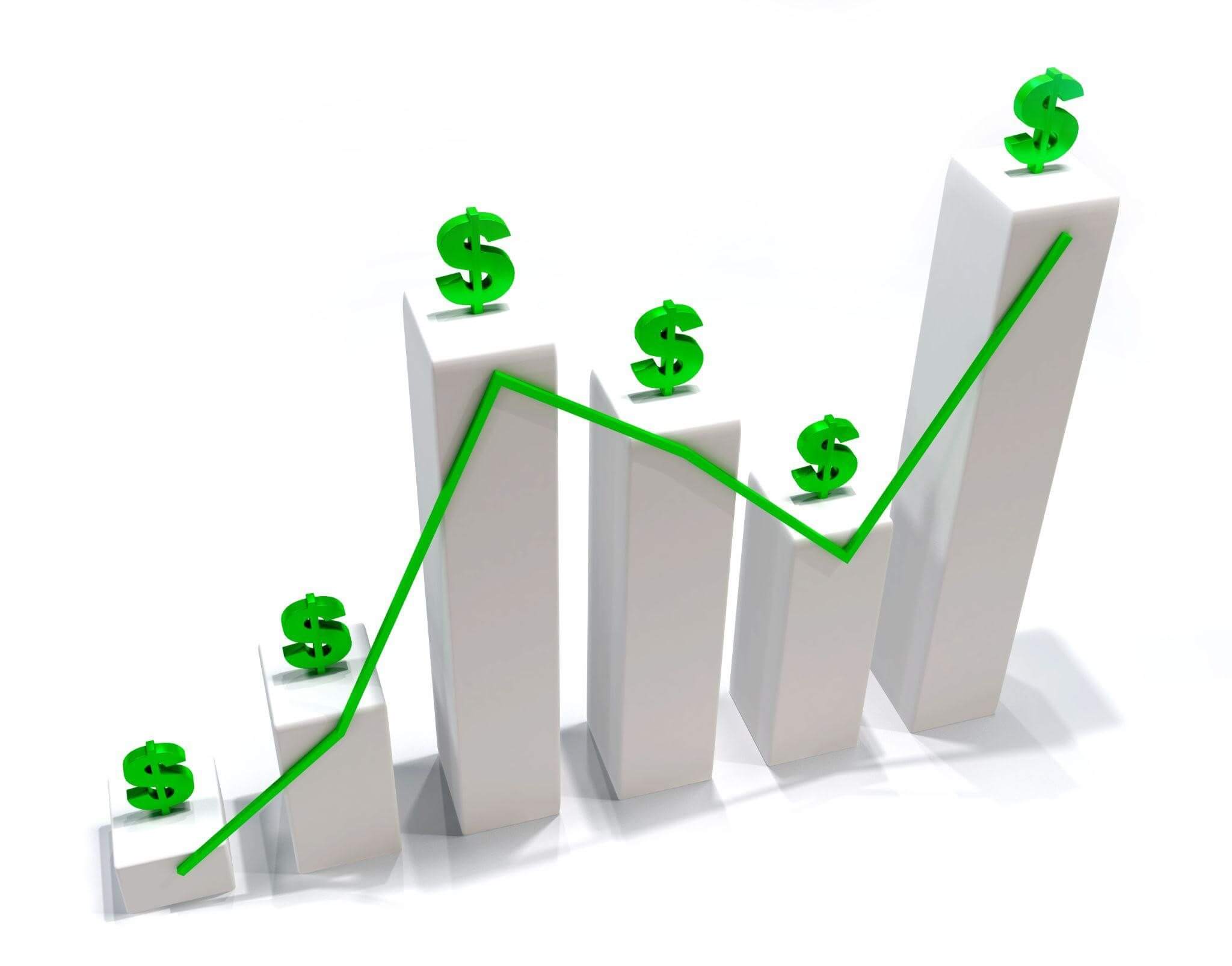 Ilustração 3D de um gráfico de barras brancas sobre um fundo branco. As barras crescem progressivamente da esquerda para a direita, com exceção de uma leve queda na penúltima barra. Uma linha verde vibrante conecta o topo das barras, e acima de cada uma flutua um símbolo de cifrão ($) também em verde. A imagem simboliza crescimento financeiro, lucro e performance econômica.