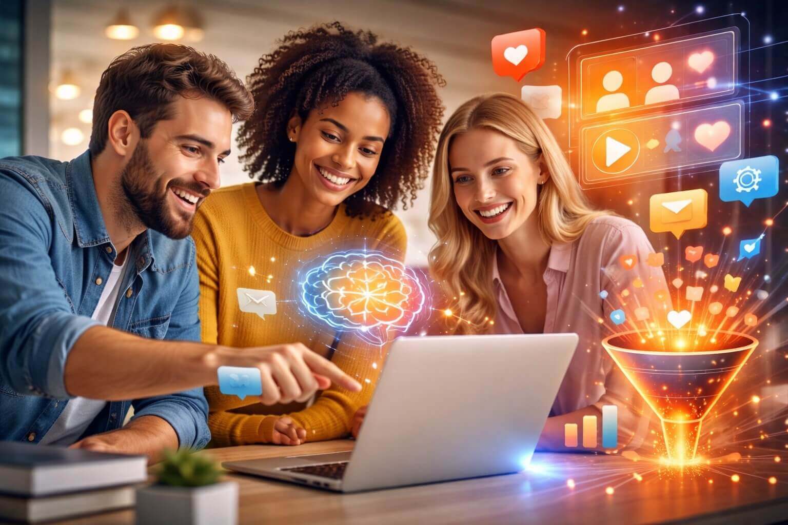 Três profissionais sorridentes, dois homens e uma mulher, observam um notebook onde surgem hologramas representando a IA como ferramenta de engajamento. No centro, brilha o ícone de um cérebro digital, cercado por elementos flutuantes de redes sociais, como corações, notificações e um funil de conversão luminoso, simbolizando a personalização de conteúdo e análise de dados em tempo real.