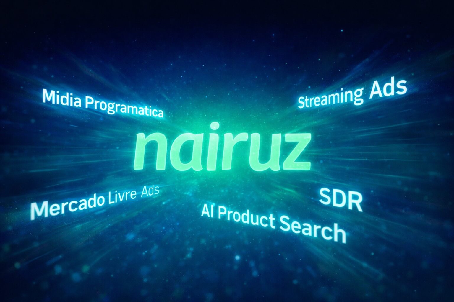 Logotipo central da Nairuz em destaque sobre um fundo tecnológico azul e verde com efeitos de luz. Ao redor do nome Nairuz, flutuam textos indicando novos serviços para 2026: Mídia Programática, Mercado Livre Ads, AI Product Search, SDR e Streaming Ads.