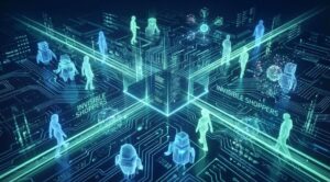 Representação digital de Machine Customers circulando por uma rede de circuitos integrados e neon. O gráfico exibe figuras humanas translúcidas e ícones de robôs sobre trilhas de dados, com o texto "Invisible Shoppers" em destaque, simbolizando o comércio automatizado por algoritmos.