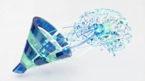 Ilustração conceitual mostrando a integração entre IA e o processo de vendas. À esquerda, um funil de vendas segmentado em tons de azul e verde conecta-se, através de linhas de dados brilhantes, a um cérebro digital à direita, representando como os Machine Customers processam informações durante a jornada de compra.