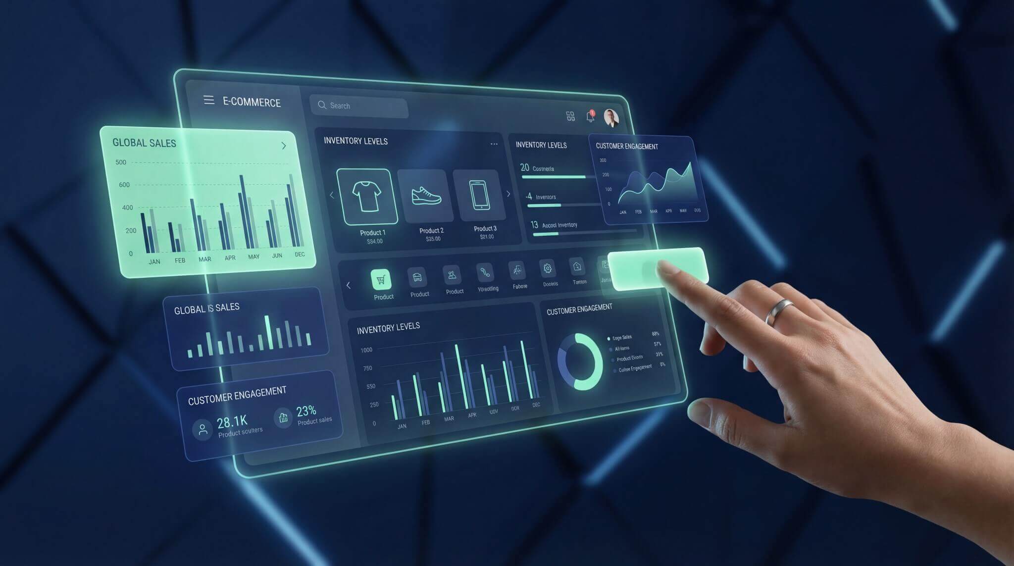 Uma mão humana interagindo com uma interface holográfica de e-commerce e análise de dados. A tela flutuante exibe gráficos de vendas globais, níveis de estoque e engajamento, ilustrando o painel de controle necessário para gerenciar o comportamento de compra dos Machine Customers.