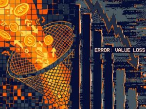 Uma ilustração digital em estilo pixel art dividida em duas partes. À esquerda, moedas douradas com símbolos de cifrão caem em um funil de rede, representando o investimento em tráfego. À direita, um gráfico de barras em tons escuros mostra uma queda acentuada com o texto de erro em pixels "ERROR: VALUE LOSS". A imagem ilustra a perda de eficiência quando o marketing orientado a dados não é aplicado para filtrar o tráfego inflacionado.