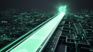 Representação visual de um labirinto tecnológico escuro com circuitos e números binários. Um caminho reto e intensamente iluminado em verde corta o labirinto, servindo como uma rota estratégica que leva diretamente a um ícone de alvo com uma seta no centro, simbolizando a otimização da jornada do cliente para reduzir o Custo de Aquisição.