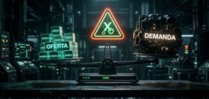 Infográfico futurista em tons de verde e preto mostrando uma balança digital em um ambiente industrial. No prato esquerdo, vários cubos empilhados com a palavra "OFERTA"; no prato direito, um bloco maciço com a palavra "DEMANDA". A balança pende para o lado da demanda, ilustrando o desequilíbrio de mercado que impacta diretamente o Custo de Aquisição.