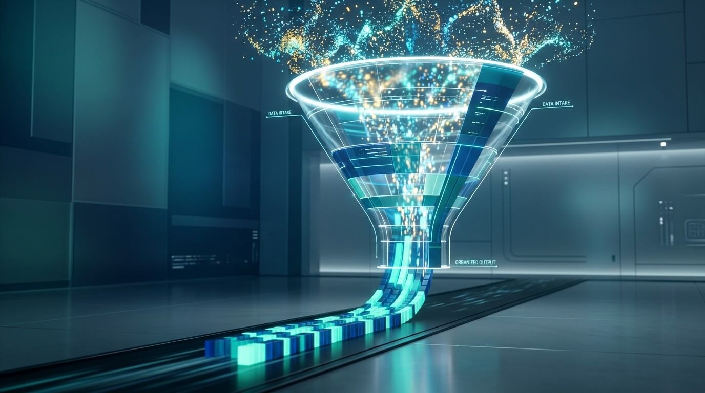 Representação conceitual de um funil digital luminoso em um ambiente tecnológico. Dados brutos e partículas de luz entram pelo topo, rotulados como "Data Intake", e saem pela base como blocos organizados ("Organized Output"), ilustrando o processo de marketing orientado a dados.