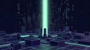 Representação visual de uma cidade digital em estilo 3D futurista com blocos geométricos e circuitos integrados. No centro, um feixe de luz verde vertical simboliza o processamento de dados e a AI Optimization para garantir visibilidade e conectividade em um ambiente tecnológico complexo.