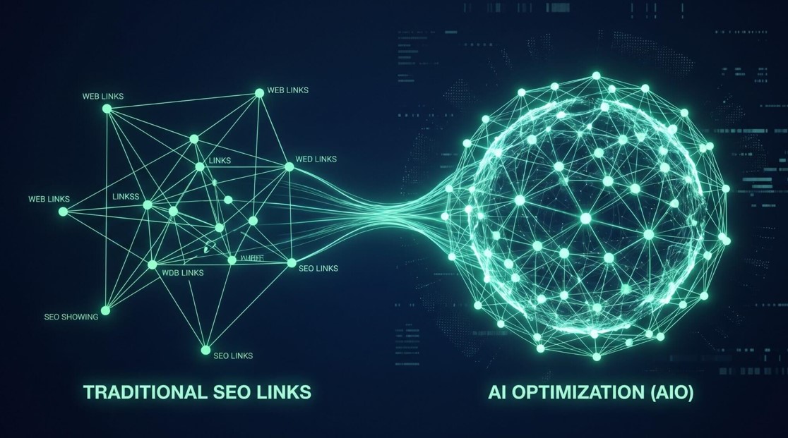 Infográfico comparativo mostrando a transição tecnológica. À esquerda, uma rede dispersa de nós rotulada como "Traditional SEO Links". À direita, uma esfera de dados densa e brilhante conectada por um fluxo de luz, representando a AI Optimization (AIO) como a evolução inteligente da organização de informações na web.