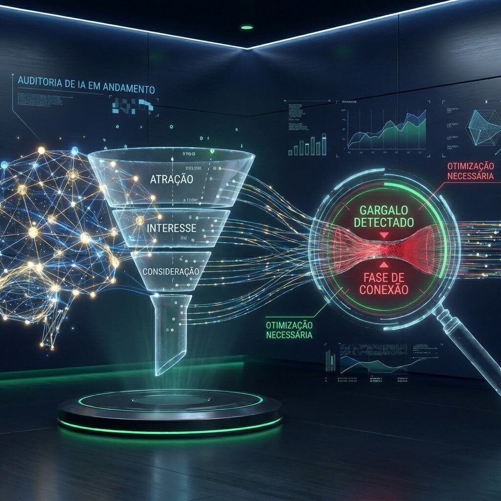 Infográfico futurista de uma auditoria de IA mostrando um funil de vendas com as etapas de Atração, Interesse e Consideração conectado a uma rede neural. Uma lupa digital amplia um gargalo detectado na fase de conexão, indicando a otimização necessária para aumentar o connect rate.
