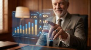 Homem idoso de terno interagindo com uma tela holográfica futurista que exibe gráficos de crescimento de 15% e métricas de desempenho, destacando uma taxa de conexão de 88% para otimização do connect rate e redução do desperdício nas vendas.