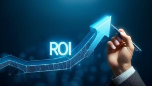 Uma mão usando um terno segura uma caneta digital e desenha um gráfico luminoso azul apontando para cima, simbolizando crescimento e alta performance obtidos por meio de IA generativa. No meio do gráfico, a palavra "ROI" brilha em destaque sobre um fundo azul escuro com pontos de luz desfocados.